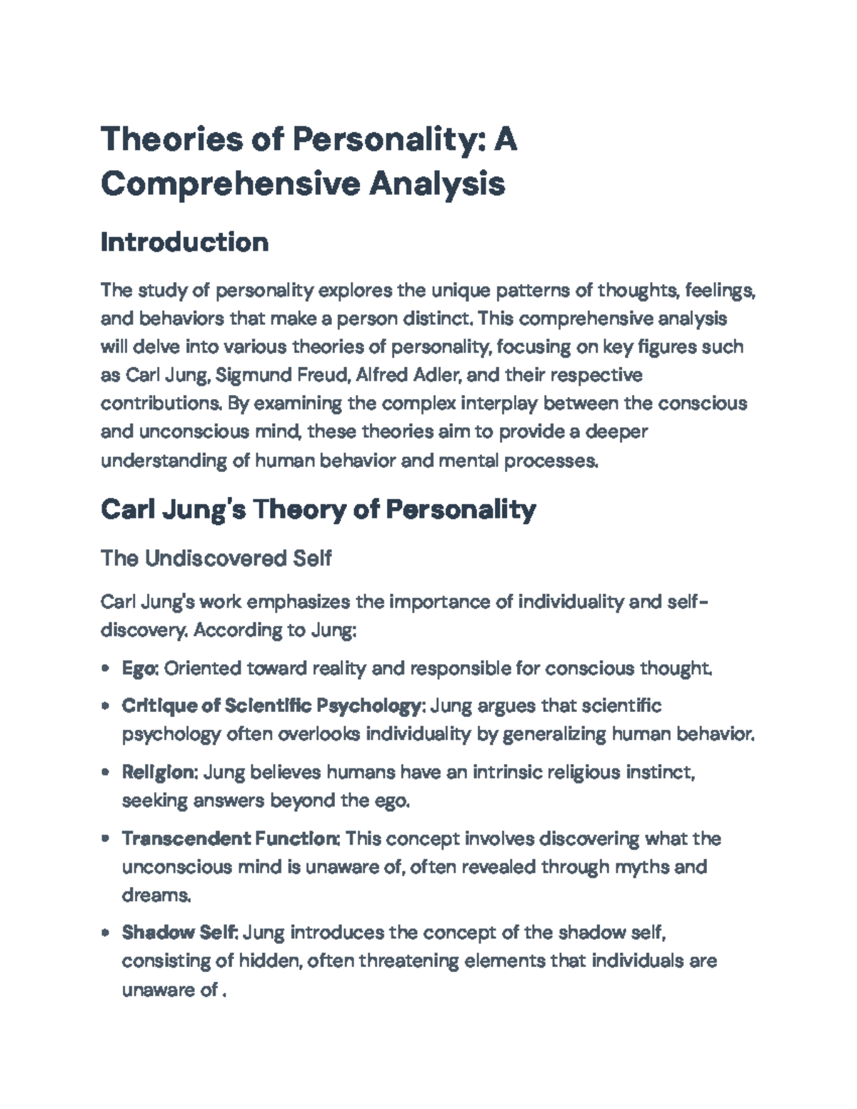 Theories of Personality: Jung, Freud, and Adler Analysis (PSY 101 ...
