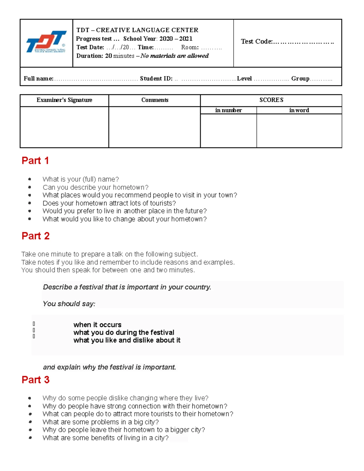 Sample Speaking Test 2 - TDT CREATIVE LANGUAGE CENTER - Studocu