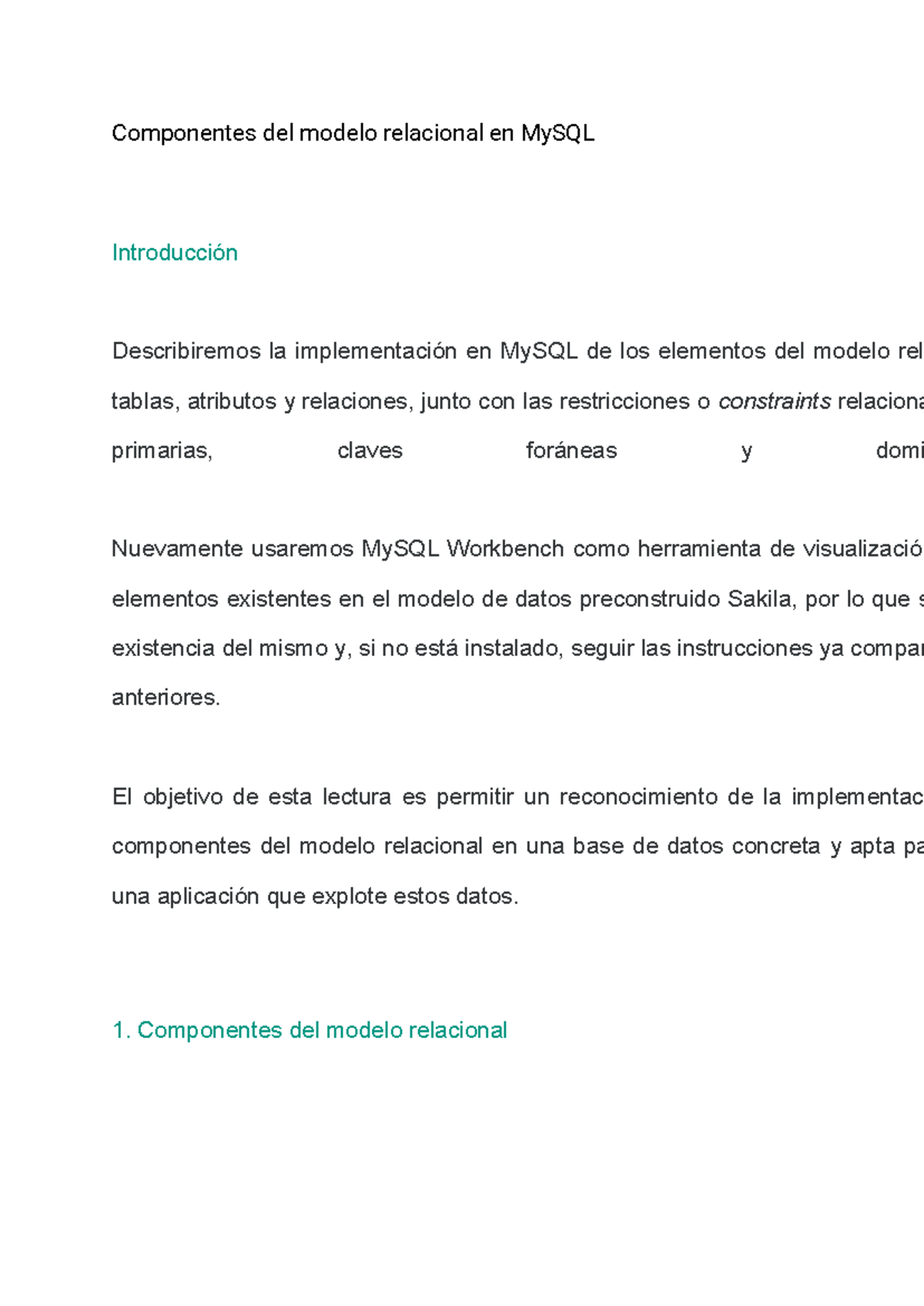 Componentes del Modelo Relacional en MySQL: Análisis y Ejemplos - Studocu