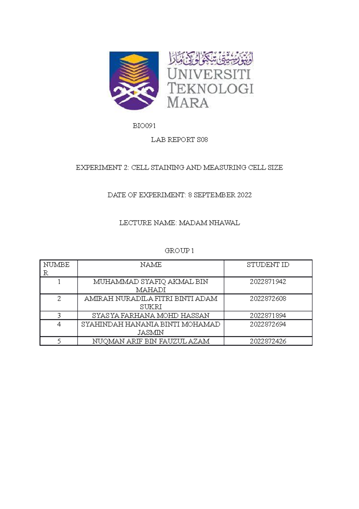 BIO091 LAB REPORT: EXPERIMENT 2 - CELL STAINING & SIZE MEASUREMENT ...
