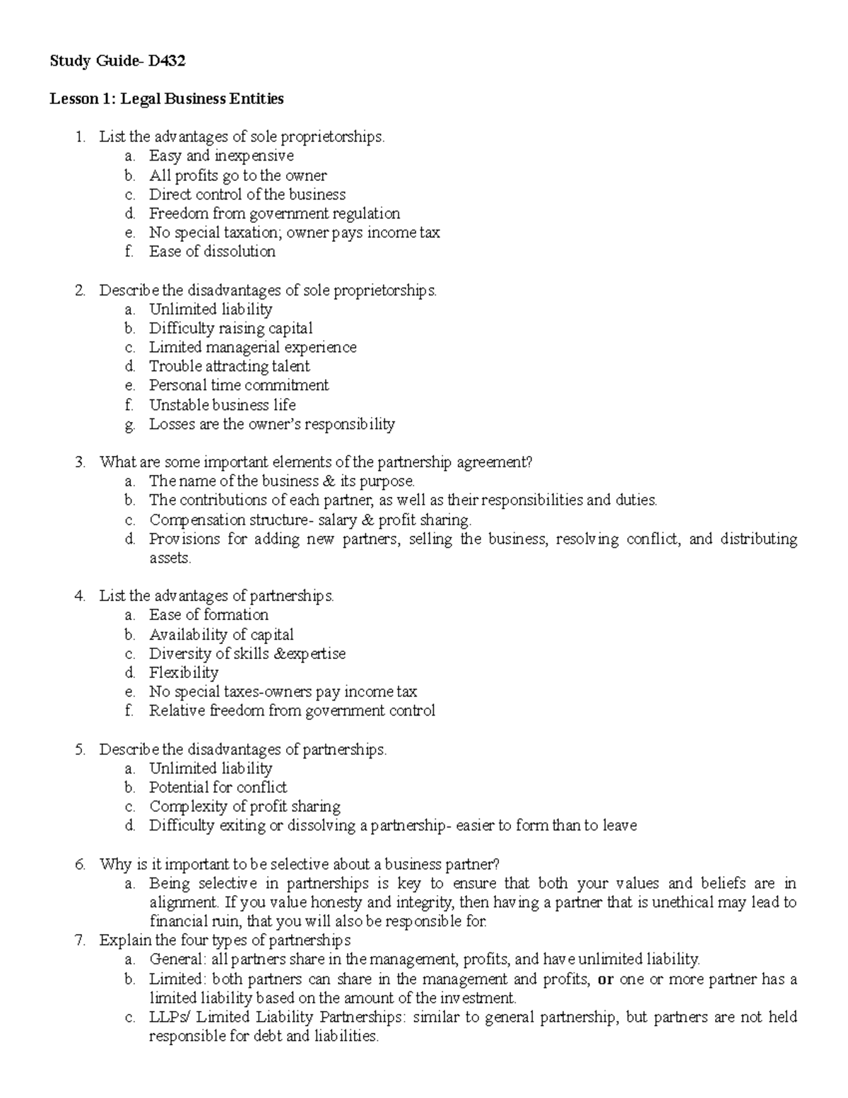 Study D432 Lesson 1: Legal Business Entities Overview and Key Concepts ...