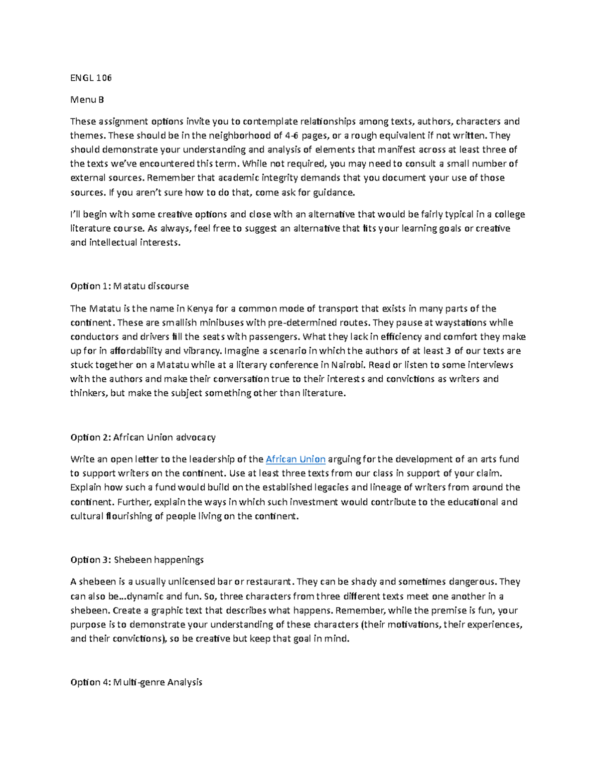 ENGL 106 Assignment Options: Exploring Textual Relationships - Studocu