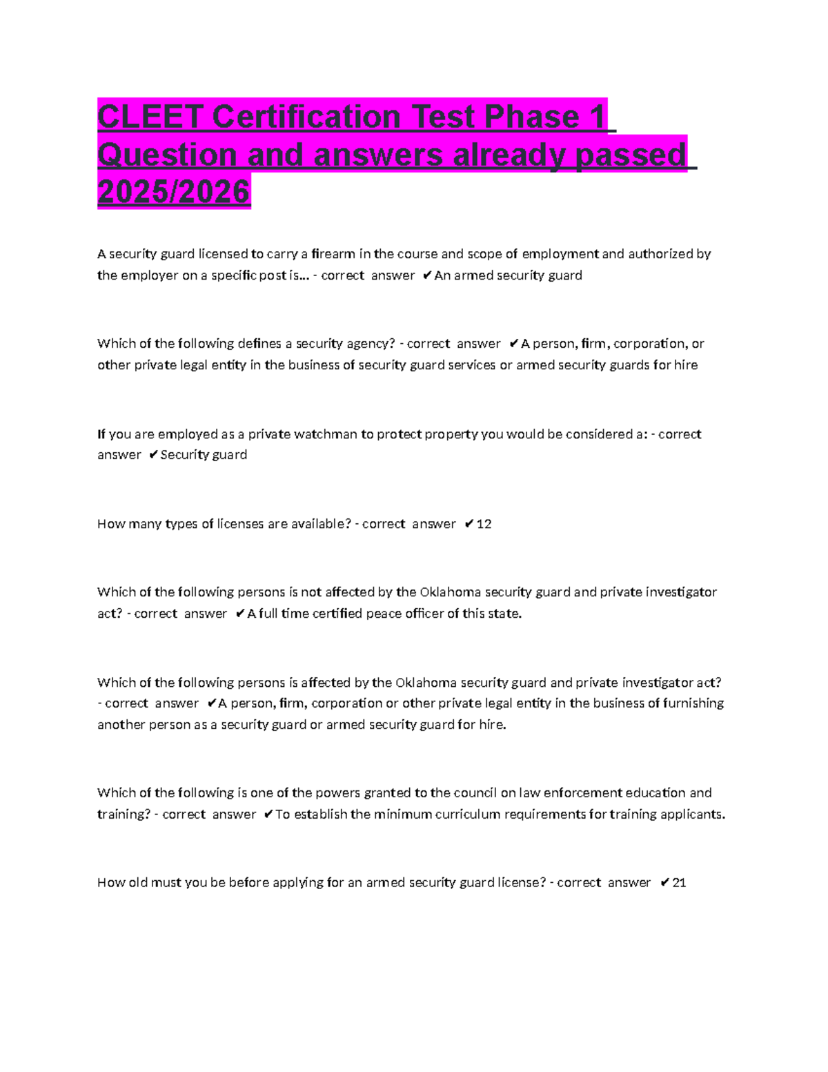 CLEET Certification Test Phase 1 Q&A Review 2025 - Studocu