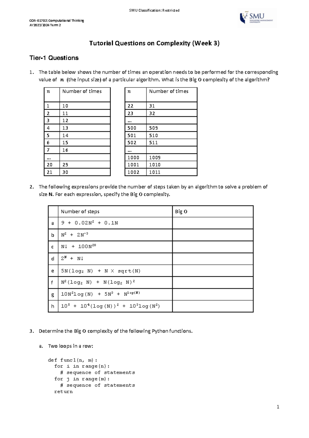 SMU Computational Thinking Term 2 Tutorial: Complexity Questions - Studocu