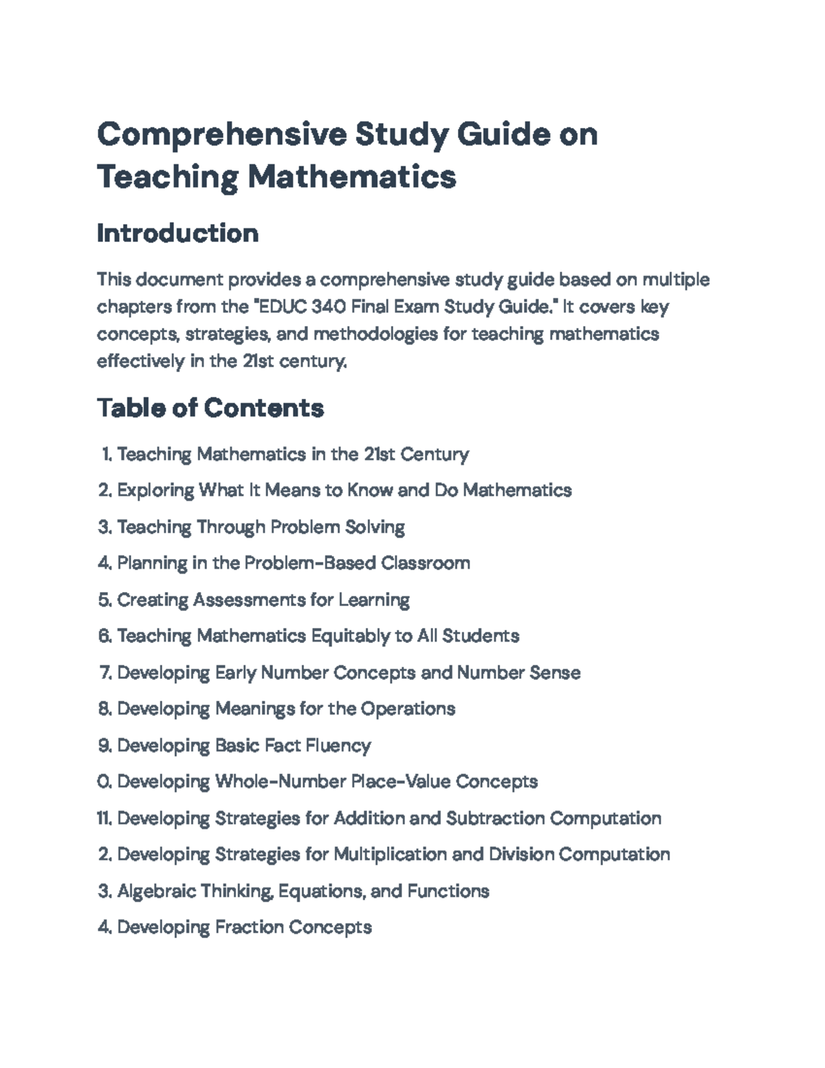 EDUC 340 Final Exam Study Guide: Key Concepts in Teaching Mathematics ...
