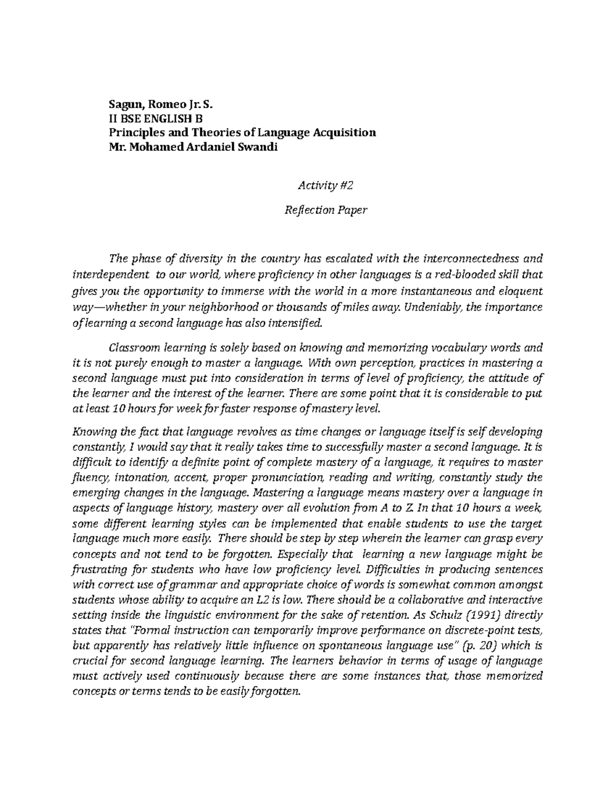 Reflection paper (Principles and theories of Language Acquisition ...