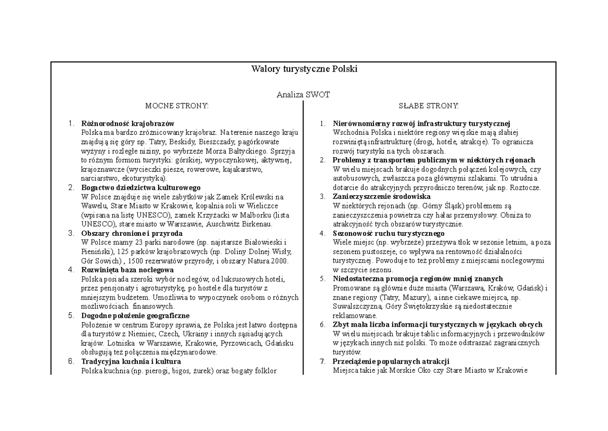 Analiza SWOT Walorów Turystycznych Polski - Geografia SWOT - Studocu