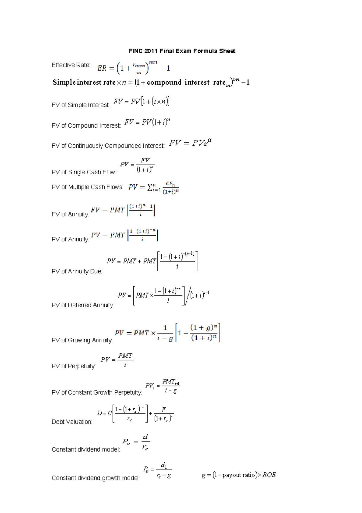 FINC 2011 S1 2026 Final Exam Formula Sheet for Interest & Valuation ...