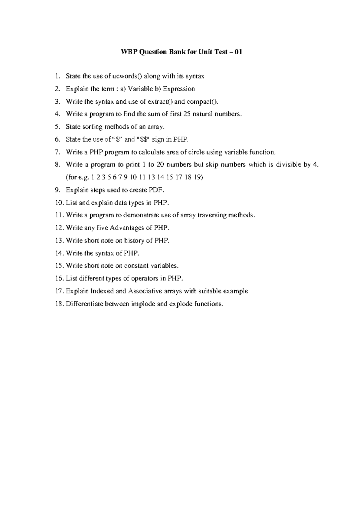 WBP QB UT - 1 - php - WBP Question Bank for Unit Test – 01 State the ...