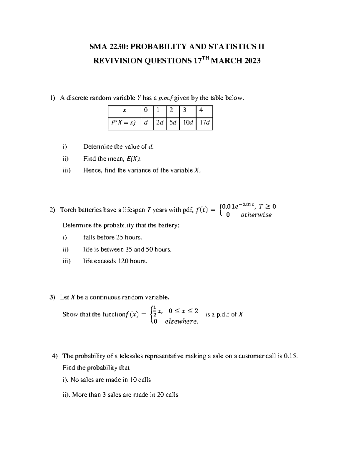 SMA 2230: Probability & Statistics II Revision Questions - March 2023 ...