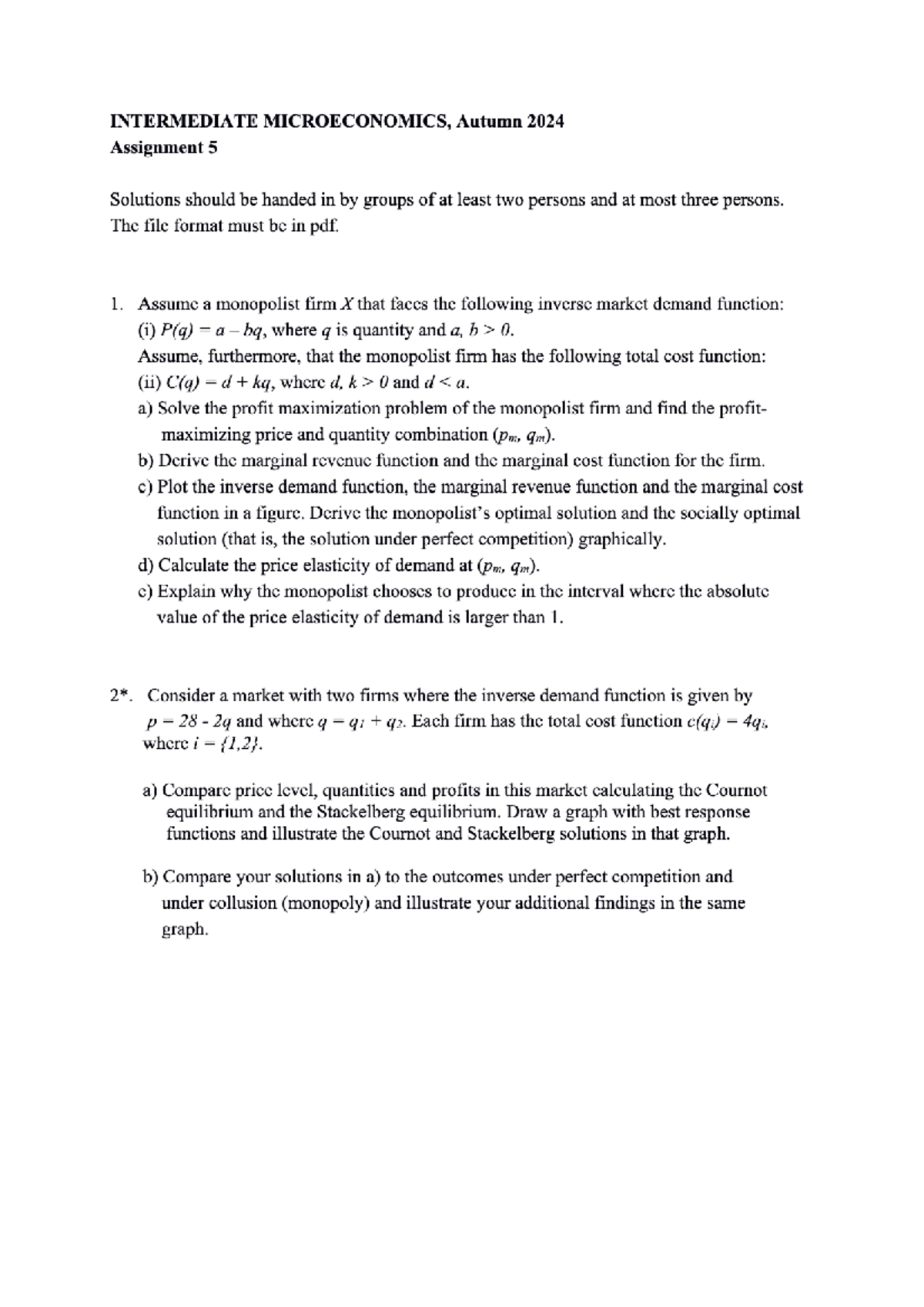 Intermediate Microeconomics Assignment 5 - Solutions & Analysis - Studocu