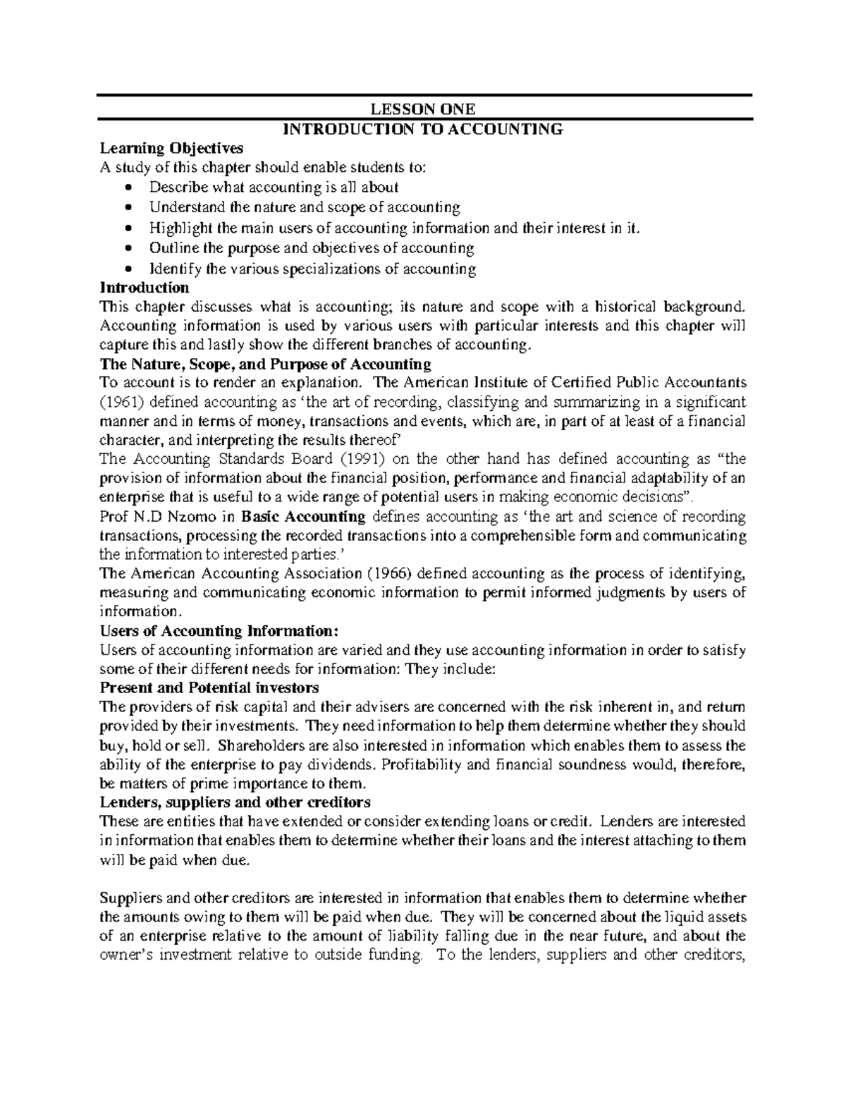 HEH 2101 Lesson 1: Introduction to Accounting Concepts and Users - Studocu