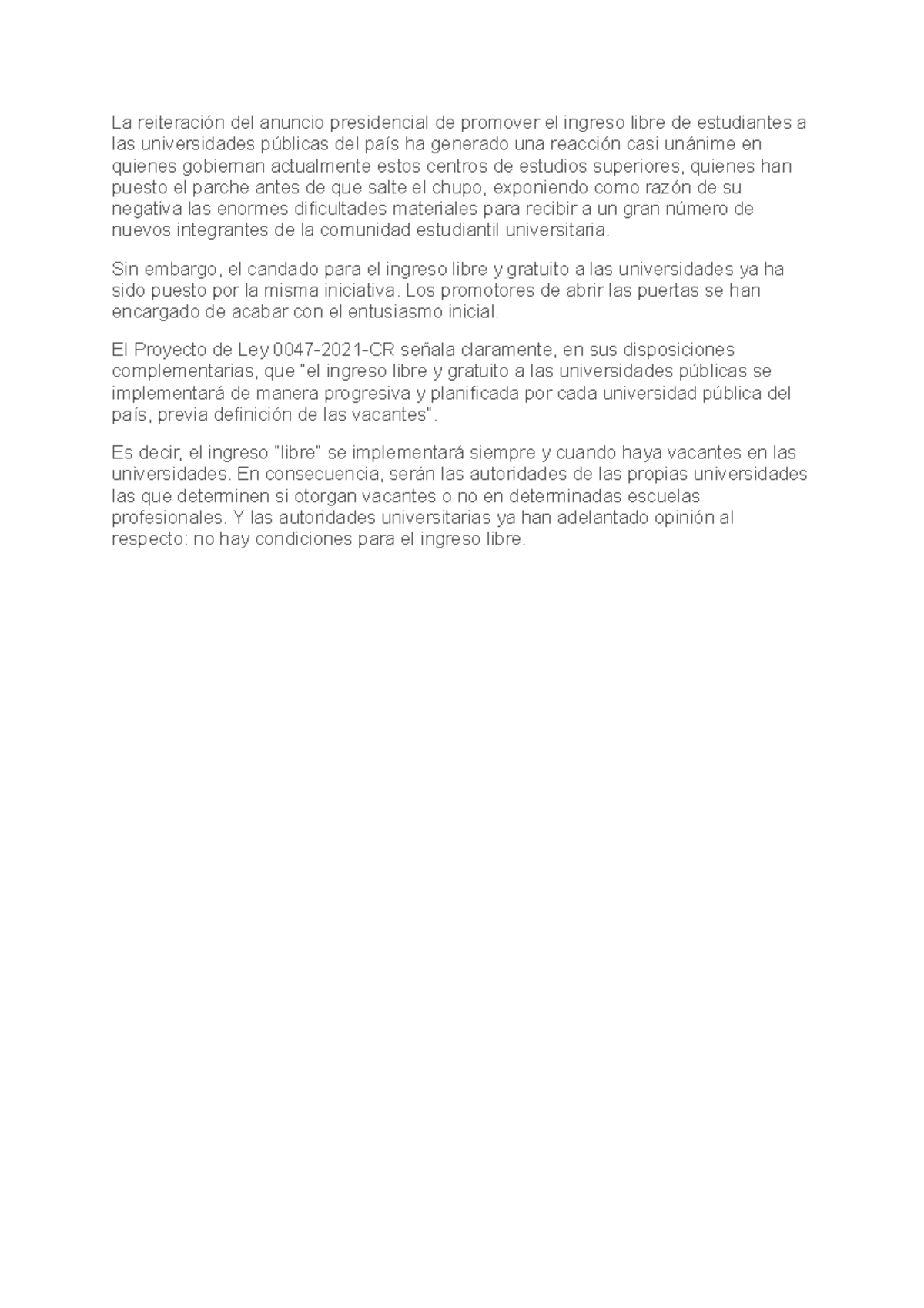 Documento sin título - El ingreso libre a las universidades es un ...