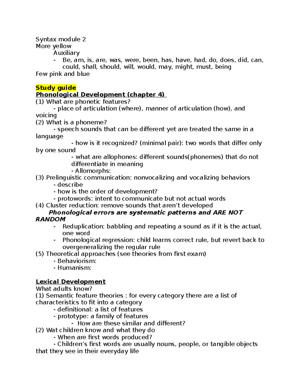 Syntax Study Guide 2: Phonological & Syntactic Development Insights ...