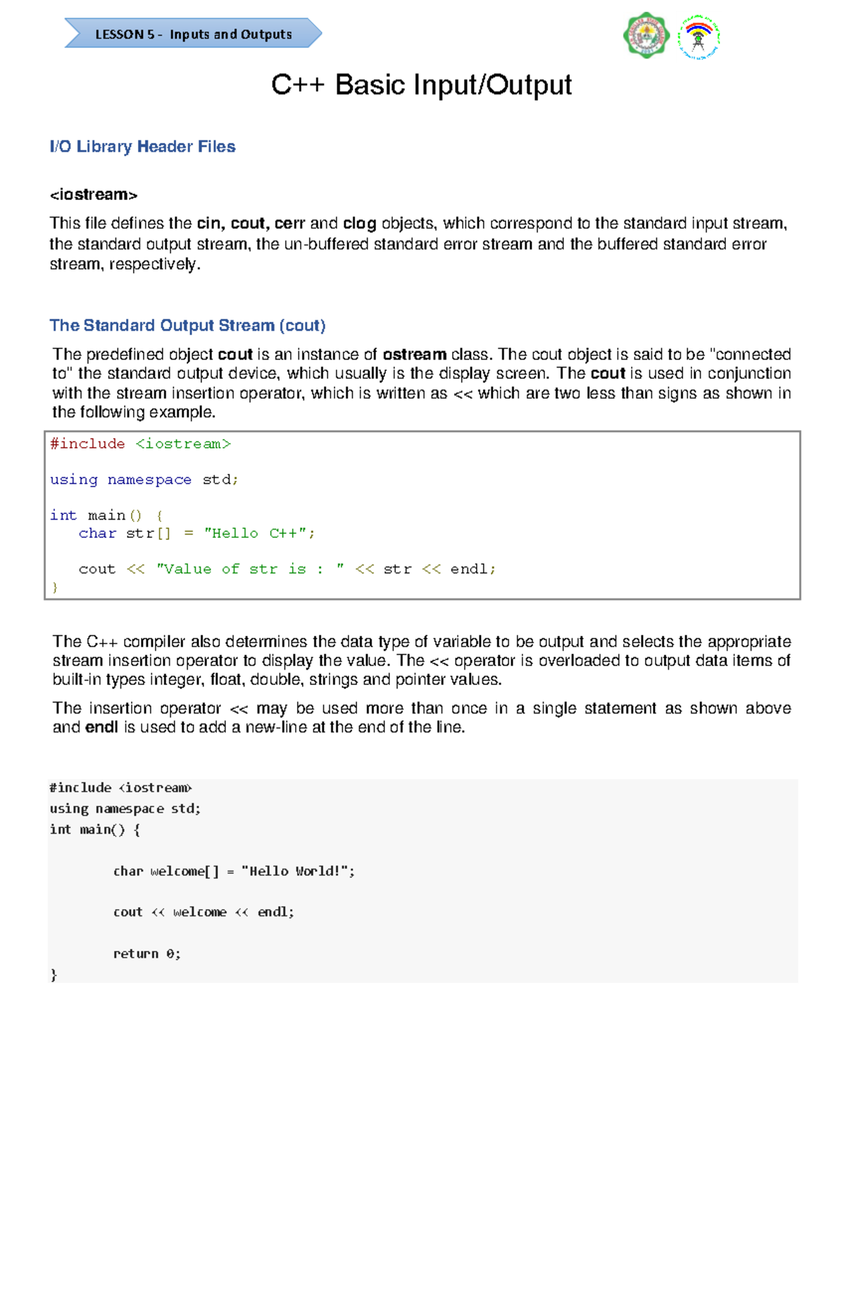 Lesson 4 - standard input and output - LESSON 5 - Inputs and Outputs ...