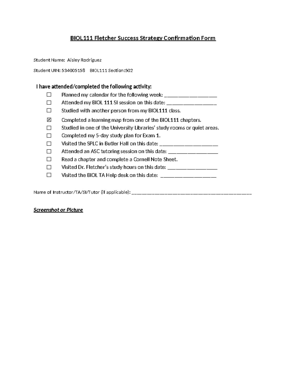 BIOL111 Success Strategy Form - BIOL111 Fletcher Success Strategy ...