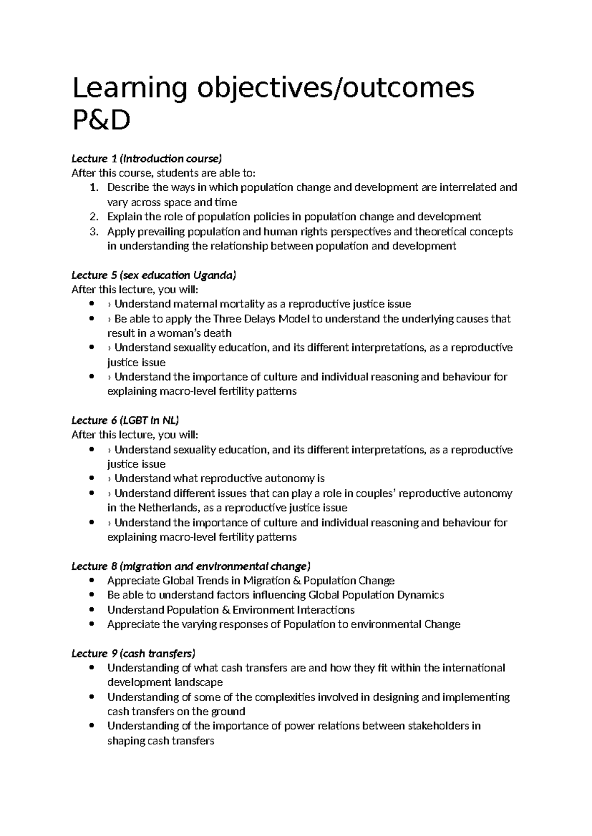 Learning Objectives for P&D Course: Key Outcomes and Insights - Studeersnel