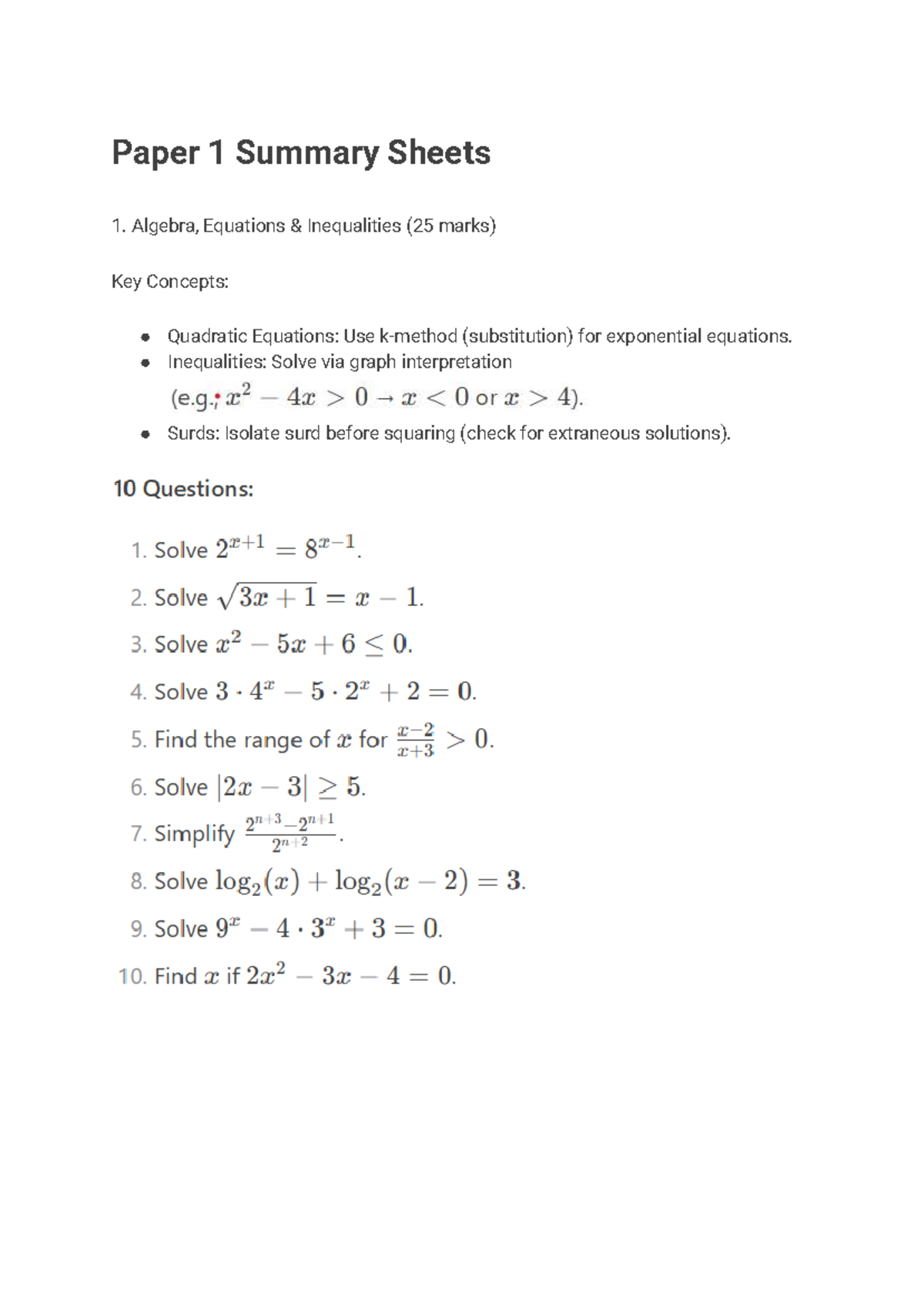 GR12 Math Workshop: Paper 1 Summary & Key Concepts - Studocu