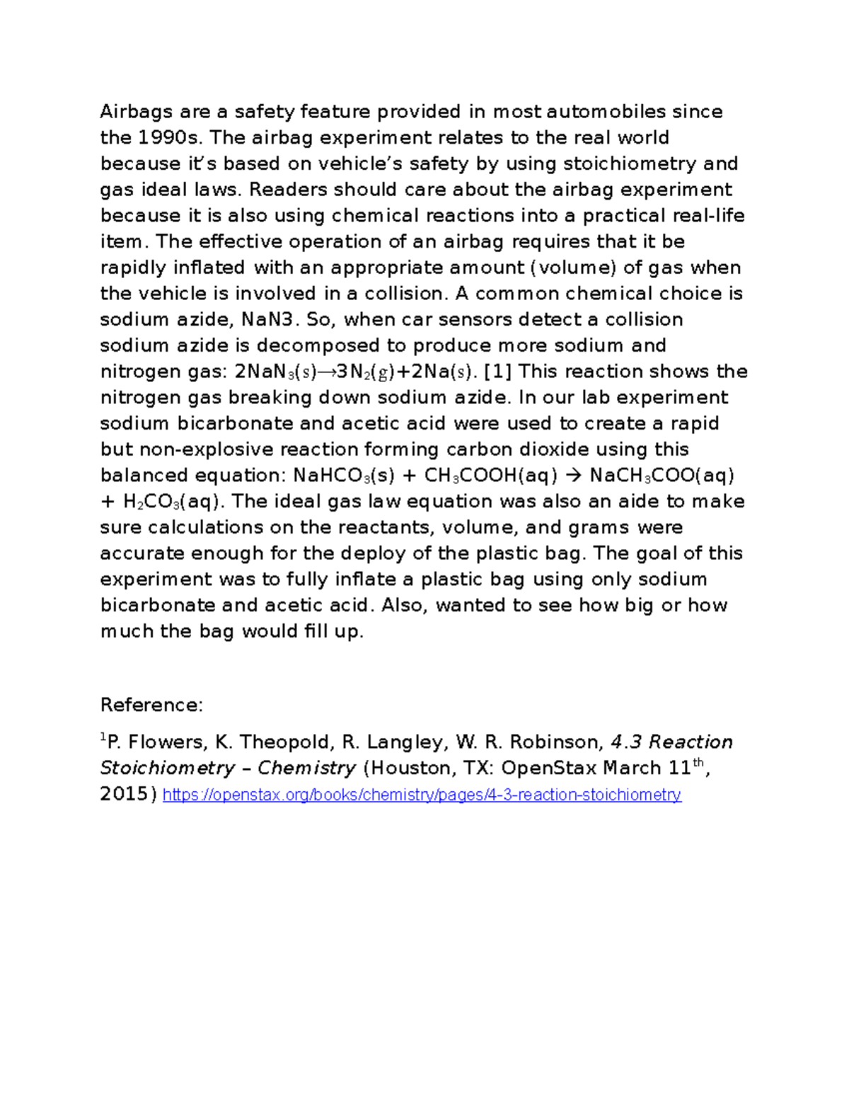 Post-Lab: Airbag Experiment & Stoichiometry in CHM 2046L - Studocu