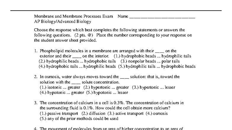 AP Biology Exam: Membrane & Membrane Processes Practice Questions - Studocu