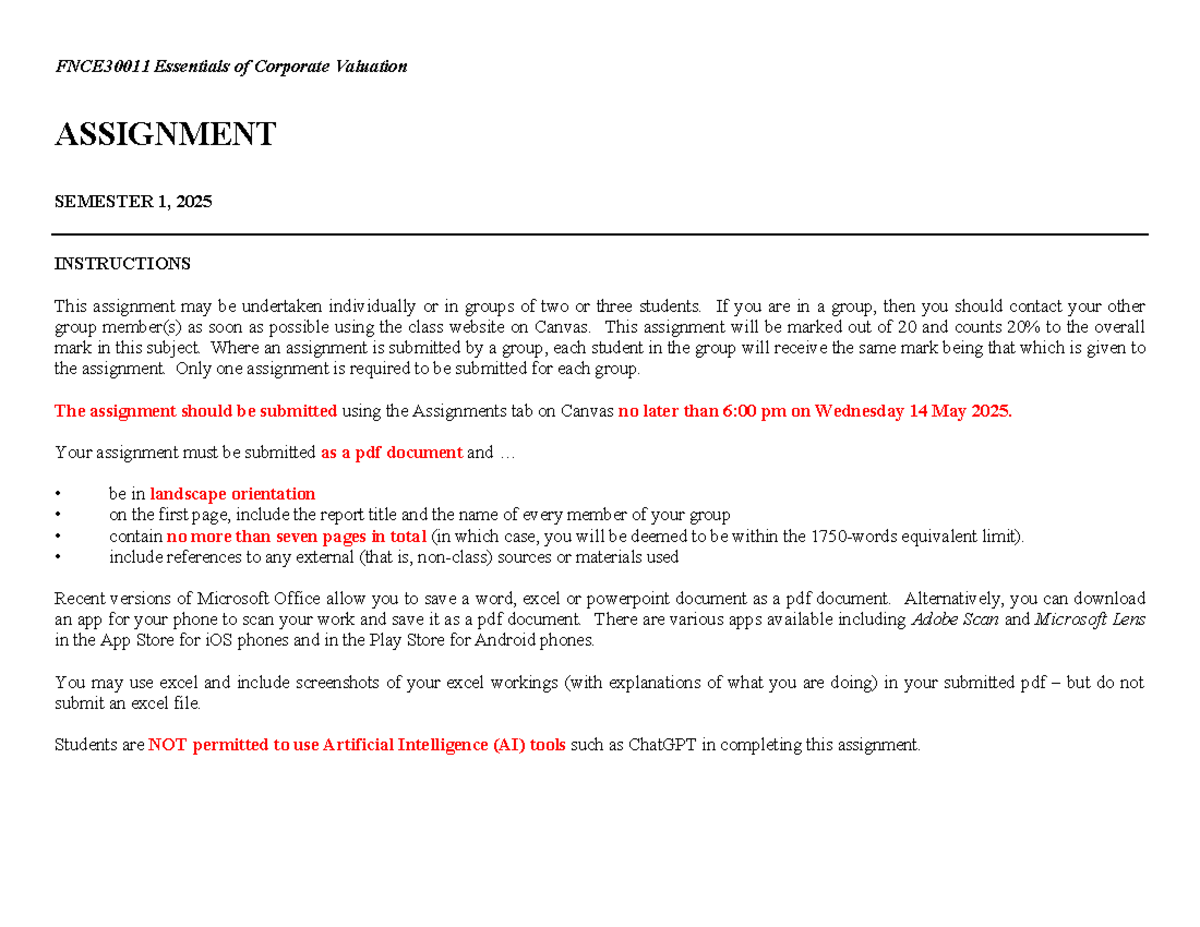 FNCE30011 Corporate Valuation Assignment: Tesla PE Analysis S1 2025 ...