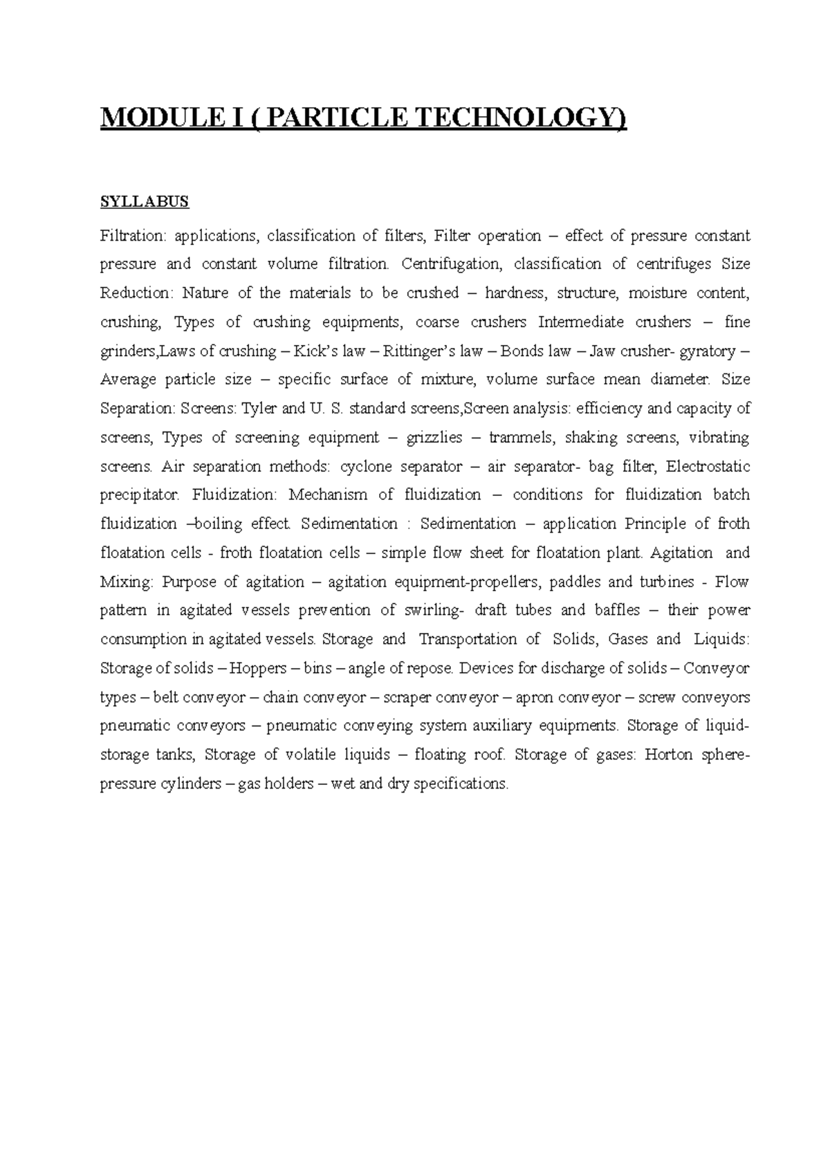 Particle Technology - MODULE I ( PARTICLE TECHNOLOGY) SYLLABUS ...