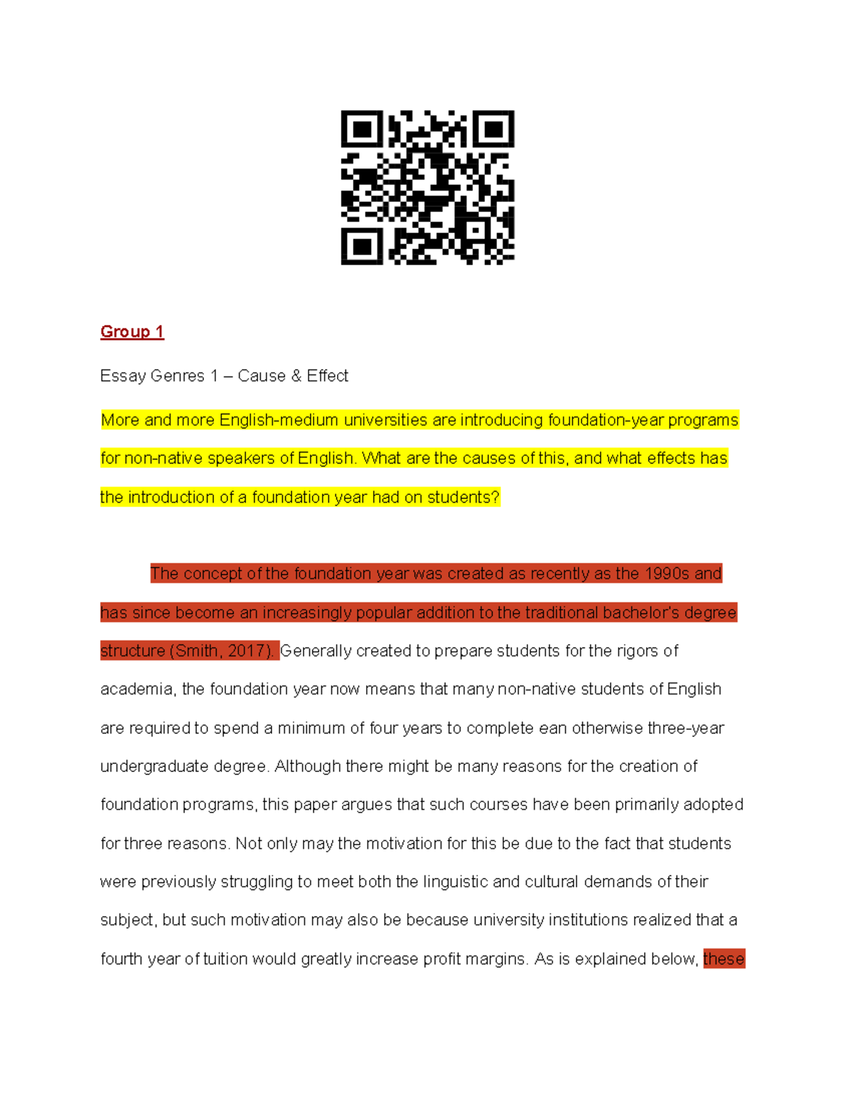 ENG 101 Cause and Effect: The Impact of Foundation Years on English ...