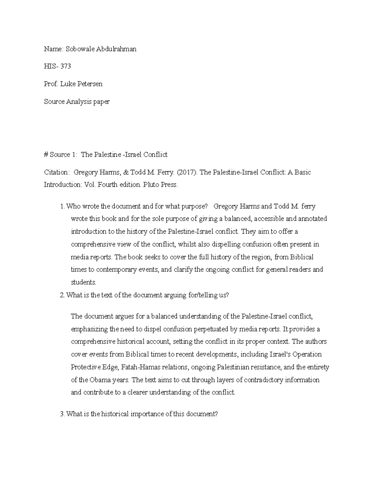 His-Source Analysis - Name: Sobowale Abdulrahman HIS- 373 Prof. Luke ...