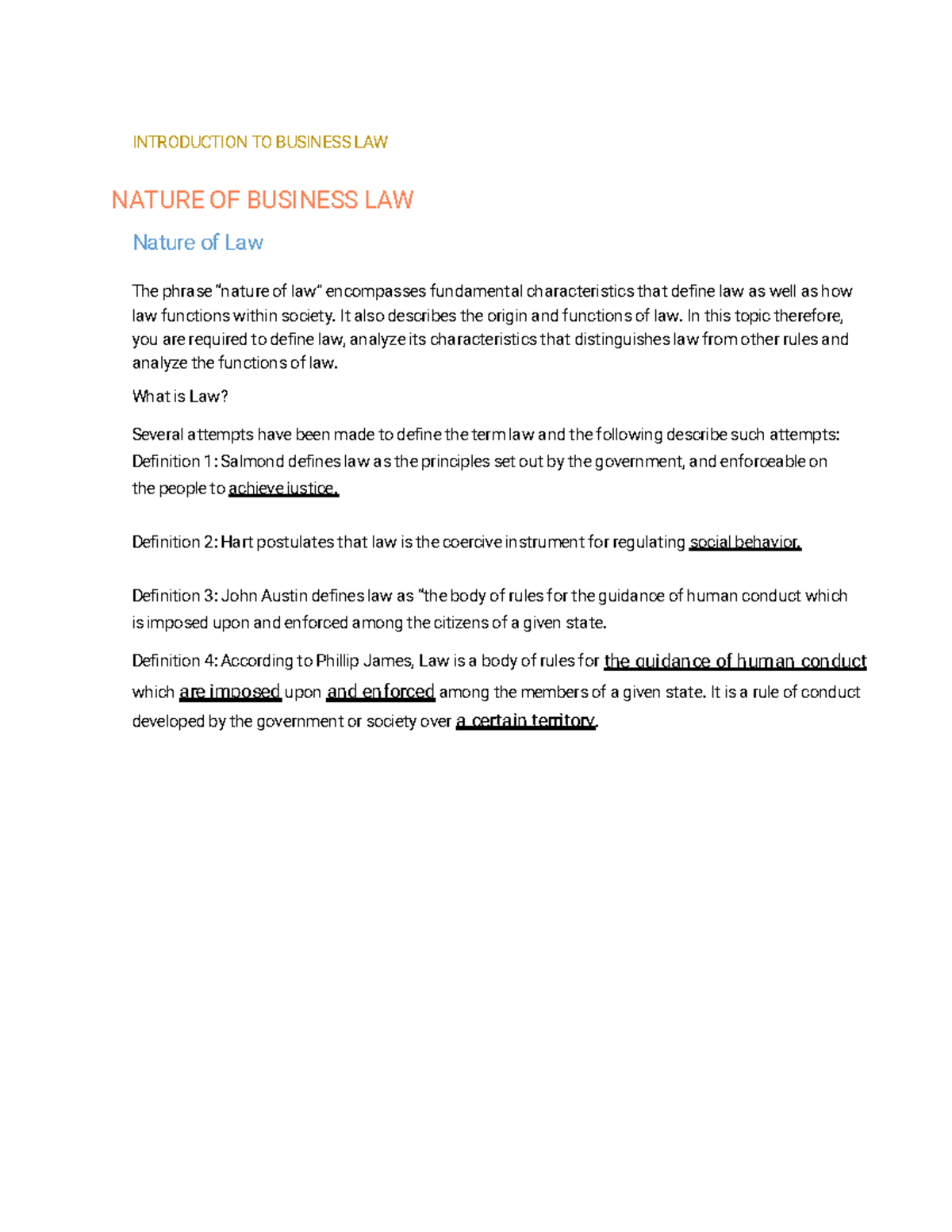 Business Law 101: Introduction to the Nature and Functions of Law - Studocu