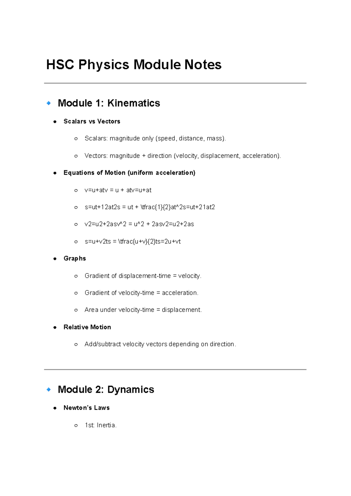 HSC Physics Module Notes: Kinematics, Dynamics, Waves & Light - Studocu