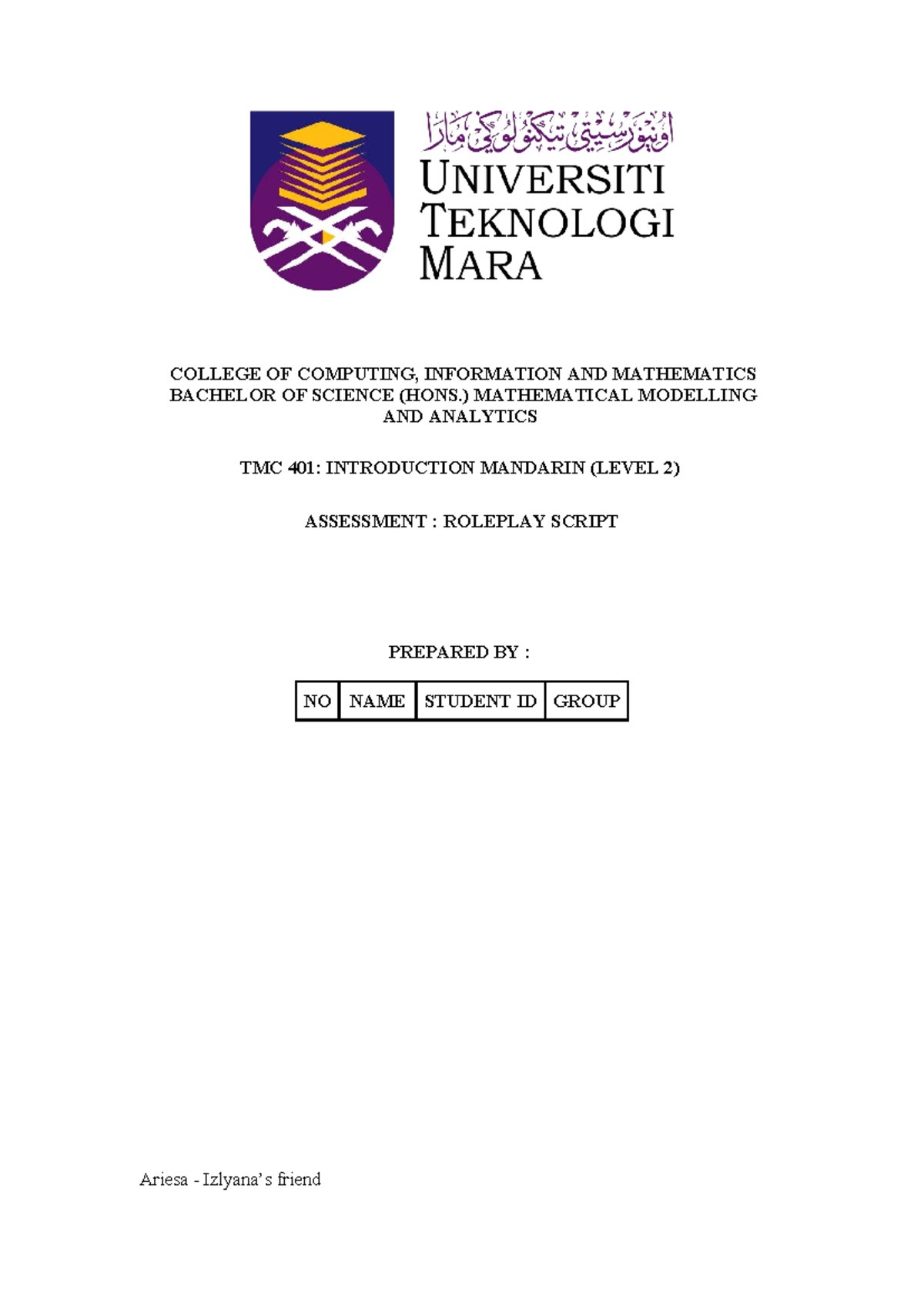 TMC 401: Level 2 Mandarin Roleplay Script for Assessment - Studocu