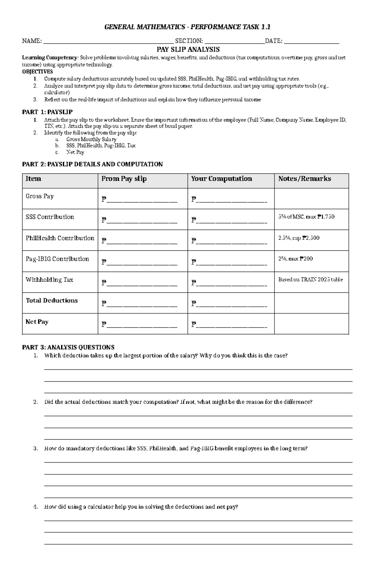 Genmath Performance Task 1: Pay Slip Analysis and Computation - Studocu