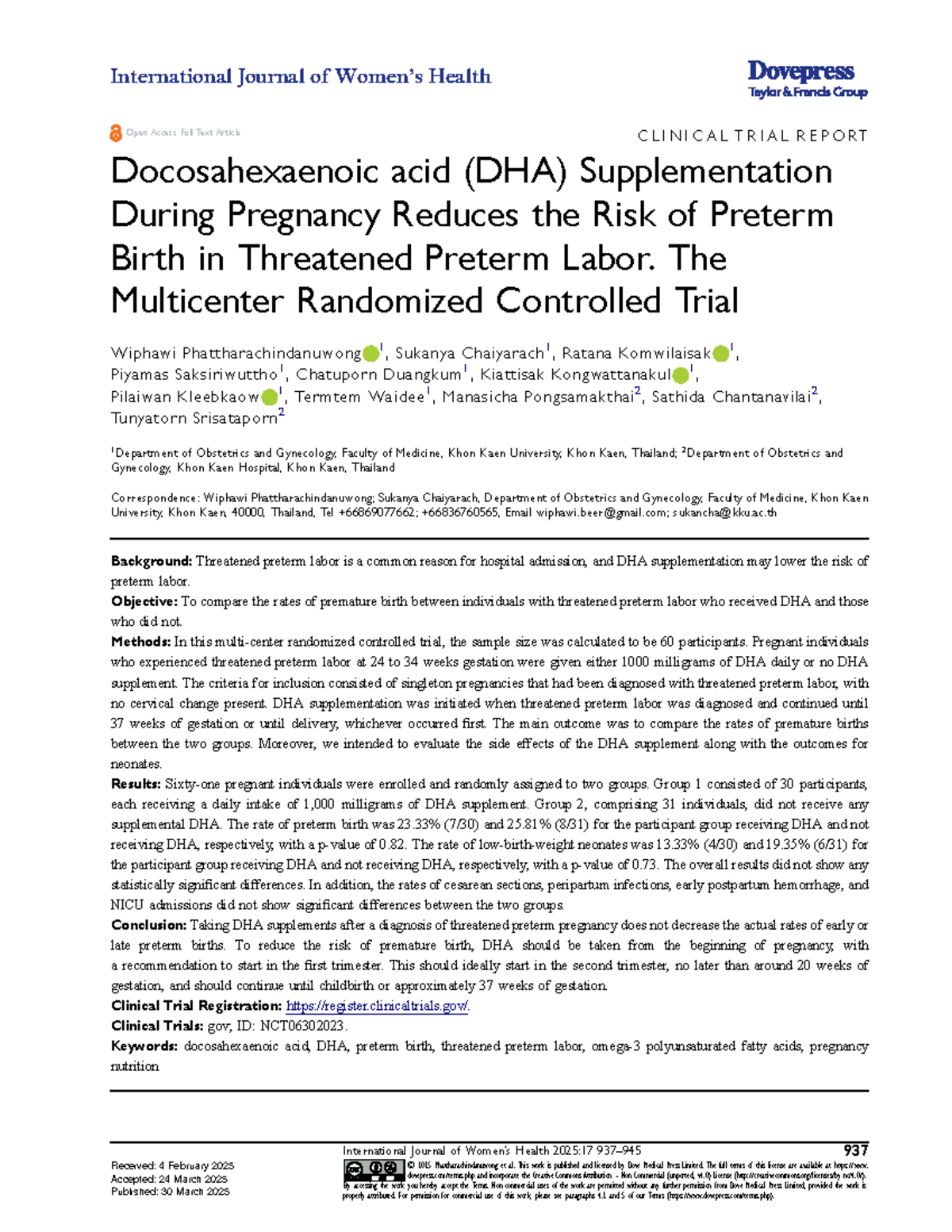 DHA Supplementation in Pregnancy: Impact on Preterm Birth Risk (IJWH-17 ...