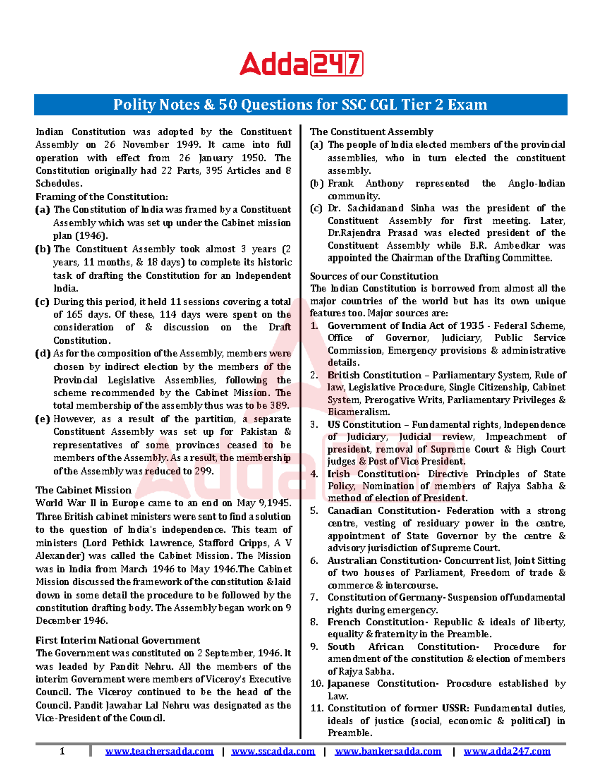 Polity Notes: 50 Essential Questions for SSC CGL Tier 2 Exam - Studocu