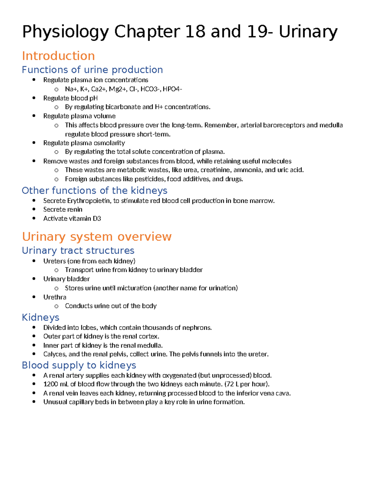 Physiology Chapter 18-19: Overview of Urinary System Functions - Studocu
