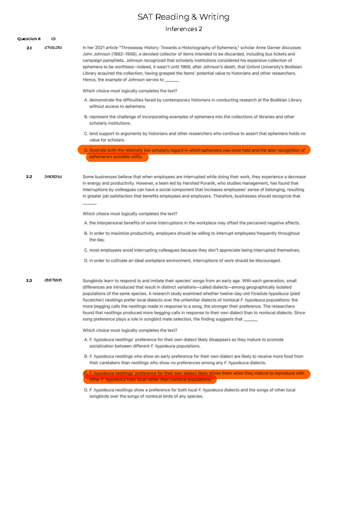 SAT Reading & Writing Inferences 2 - Answer Key - Studocu