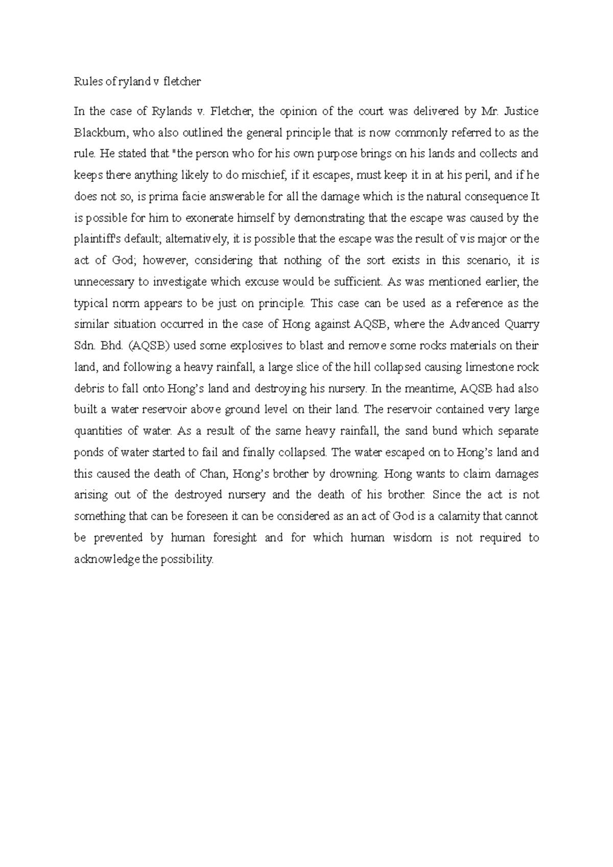 Rules and Principles of Rylands v Fletcher: Key Case Summary - Studocu