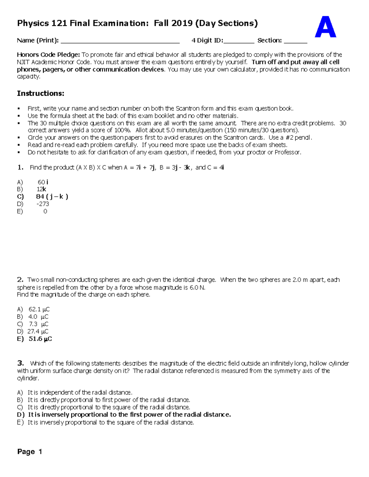 Physics 121 Fall 2019 Final Exam Practice Questions and Solutions - Studocu