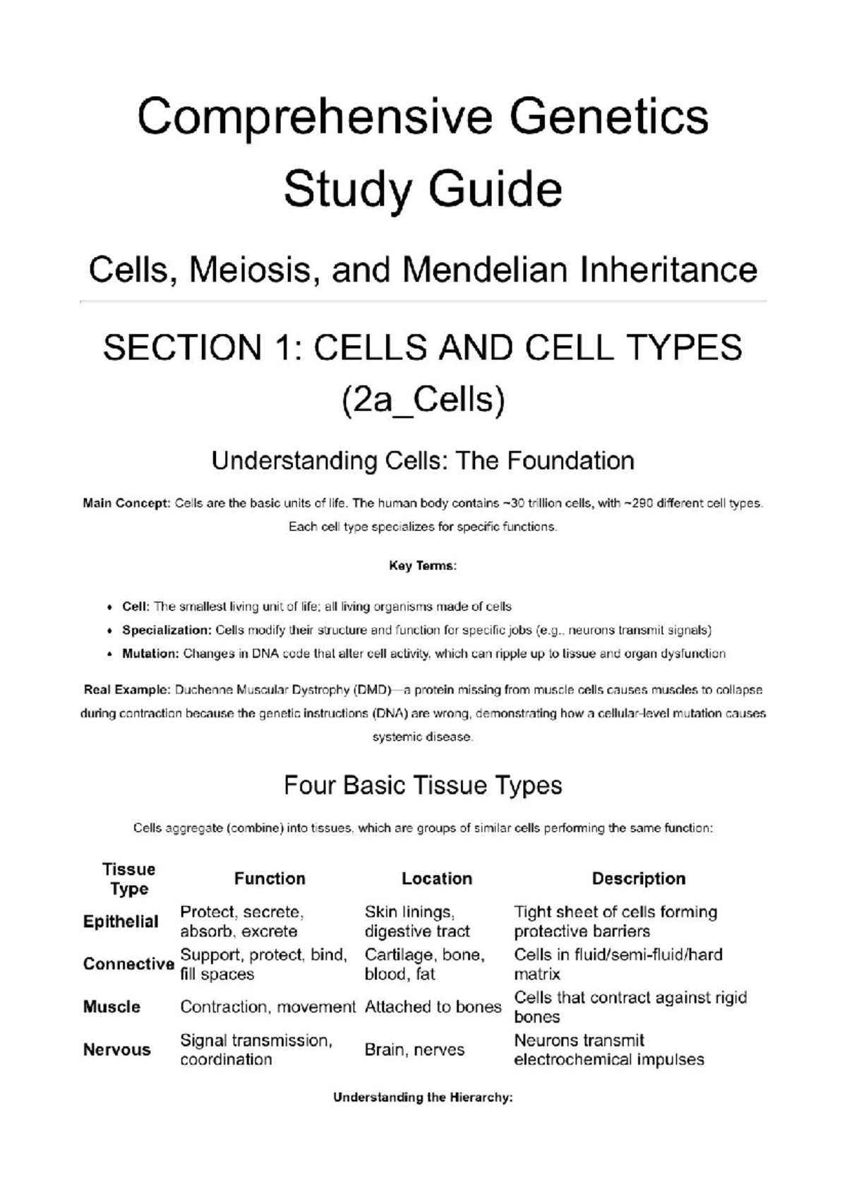 Comprehensive Genetics Study Guide (2a_Cells): Cells, Meiosis ...