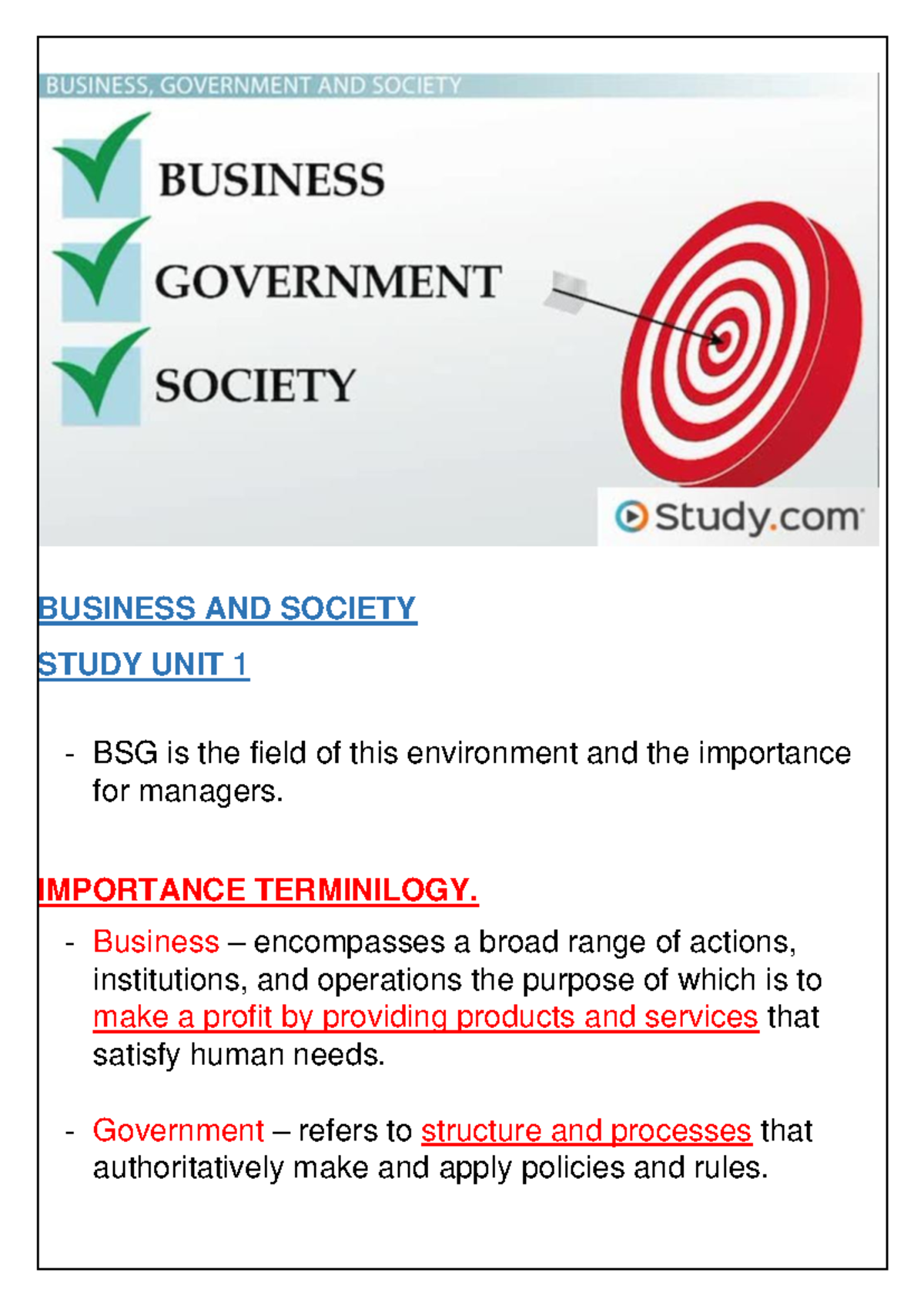 BUS 101/102: Business and Society Study Units Overview - Studocu