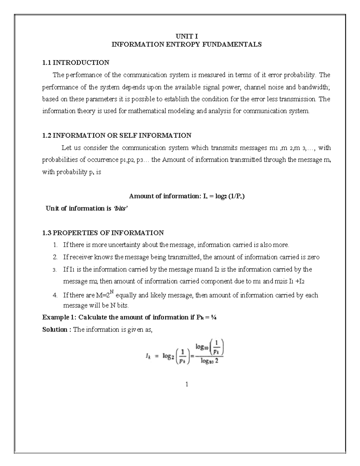 UNIT I - INFORMATION ENTROPY FUNDAMENTALS: A COMPREHENSIVE GUIDE - Studocu