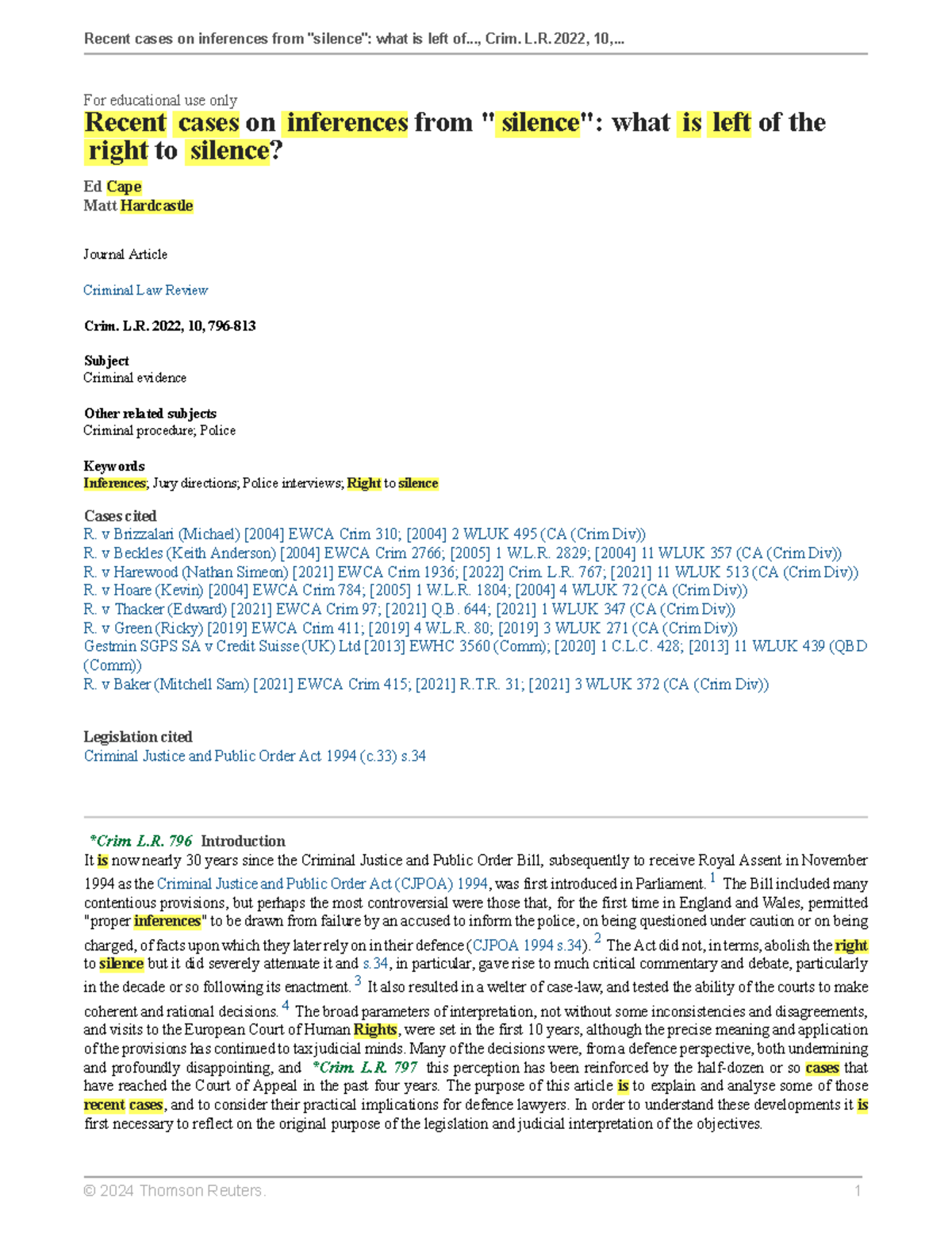 Analysis of Recent Case Law on Inferences from Silence in Criminal ...