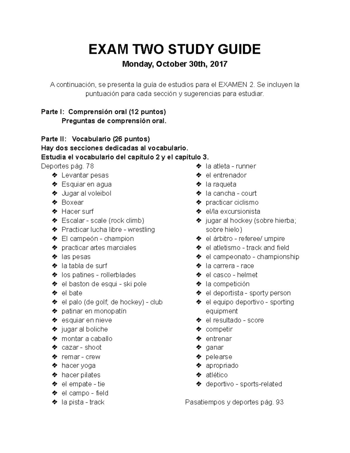 Intermediate Spanish I Exam Two Study Guide - EXAM TWO STUDY GUIDE ...