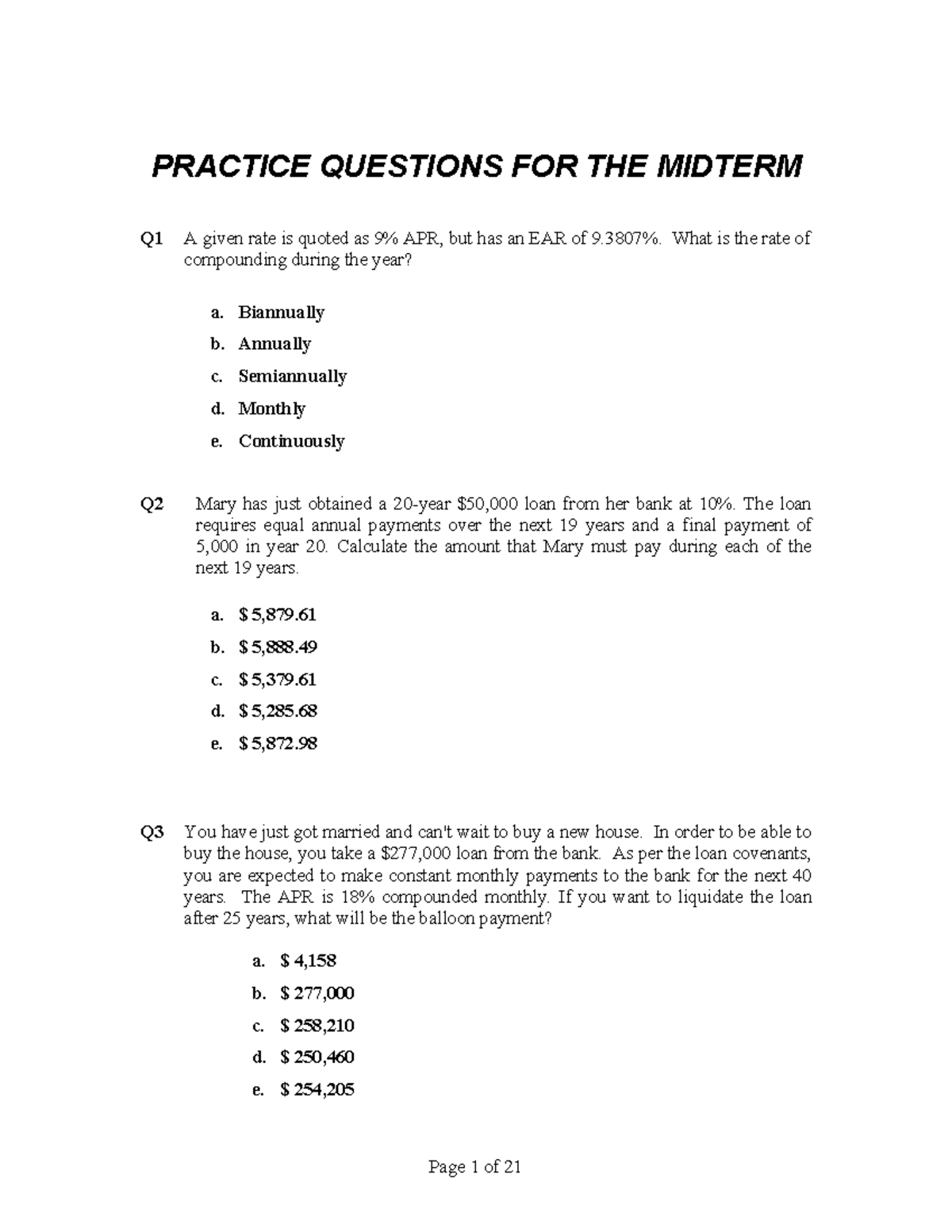 PRACTICE MIDTERM QUESTIONS FOR FIN 101 - Studocu