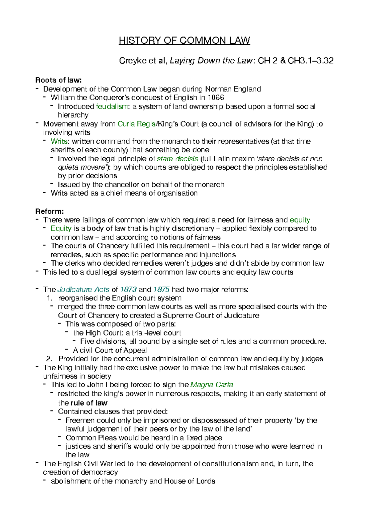 Common Law History Notes (LAW101: Les. 2 & 3) - Studocu