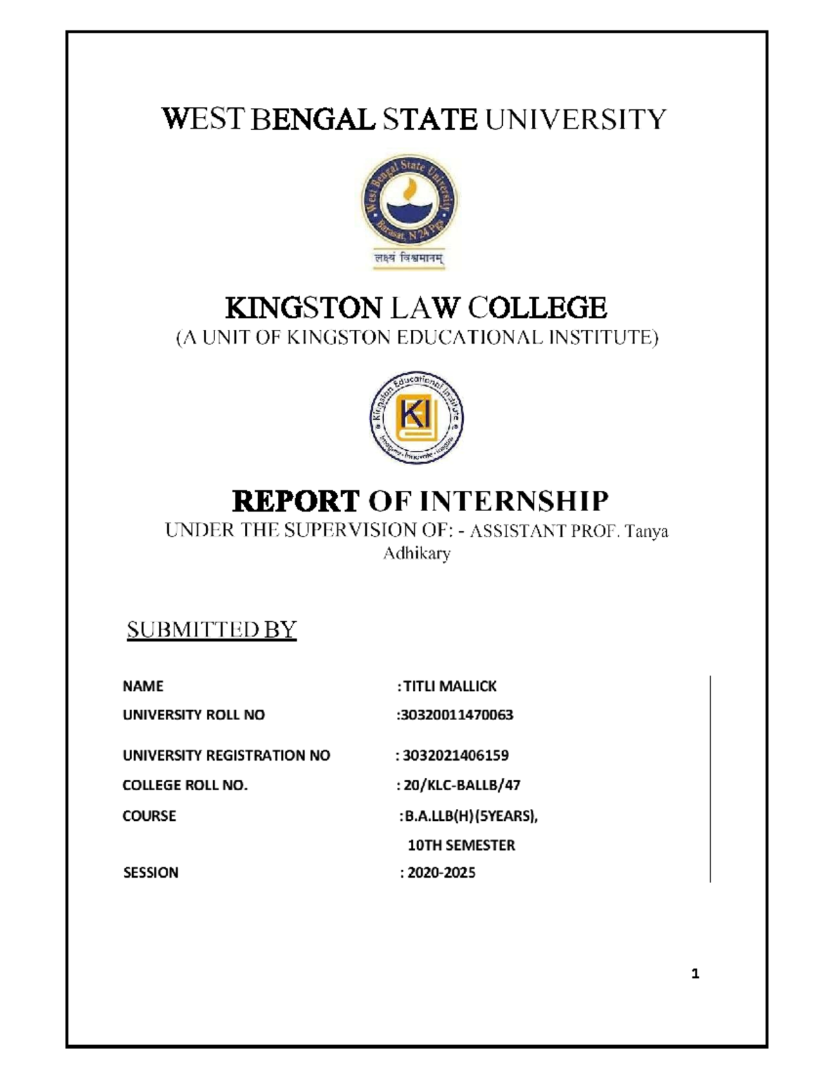 Final Internship Report for B.A. LLB (H) 10th Sem - KLC 782 - Studocu