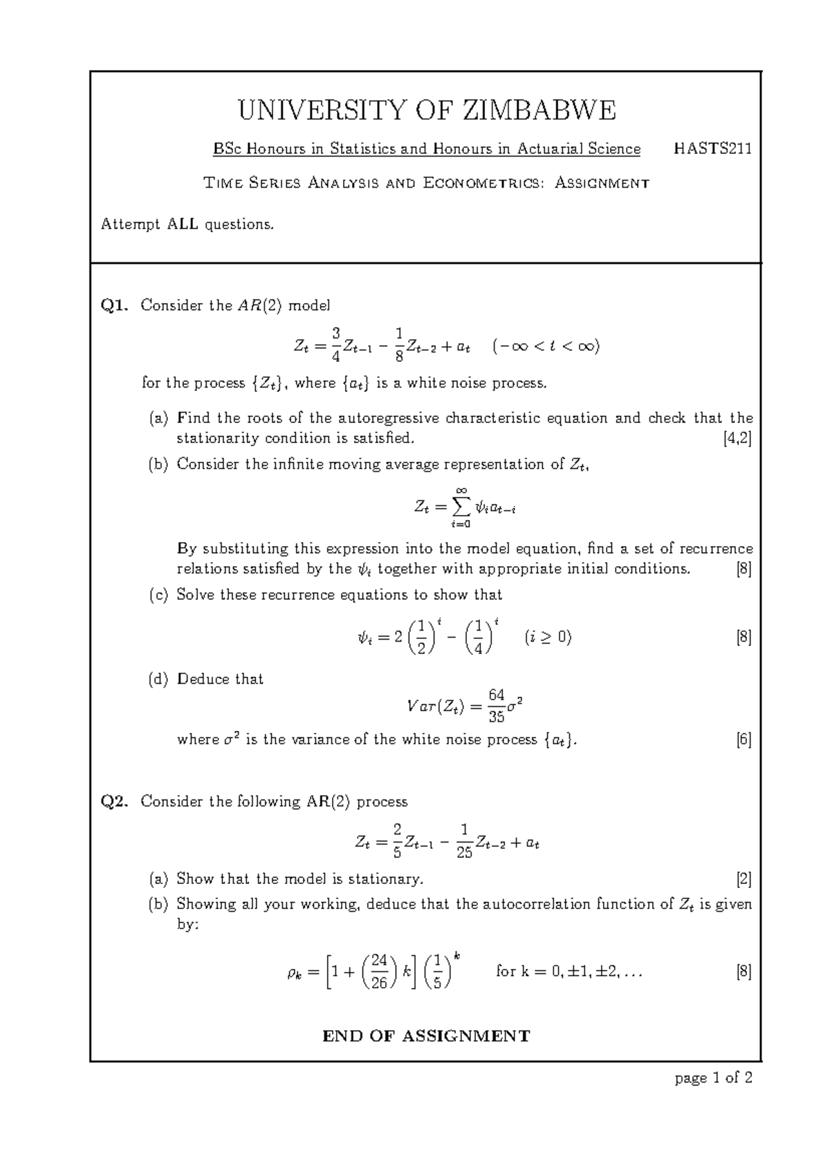 Hasts 211 Ass MAR 23 - sample tutorial questions on time series and ...