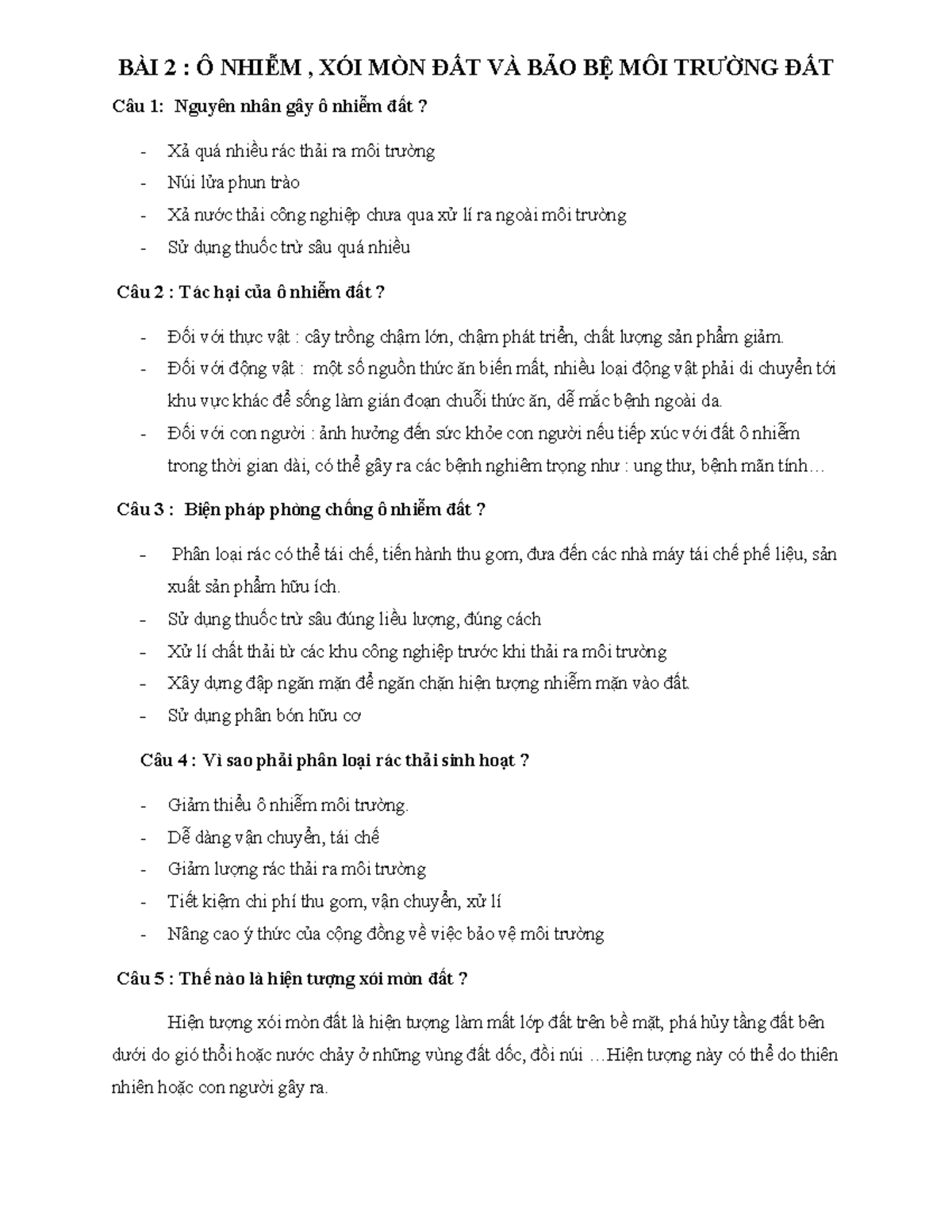 ÔN TẬP KHOA HỌC LỚP 5 - HKI: Ô NHIỄM ĐẤT VÀ XÓI MÒN - Studocu