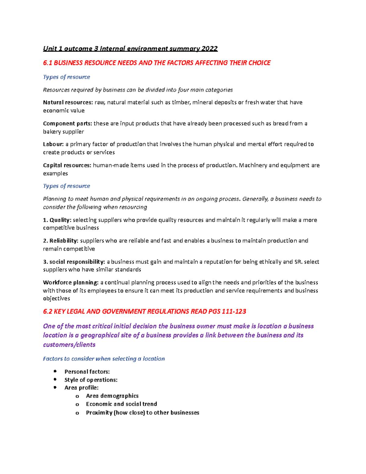 Unit 1 - AOS 3 Internal Environment Overview & Resource Planning - Studocu