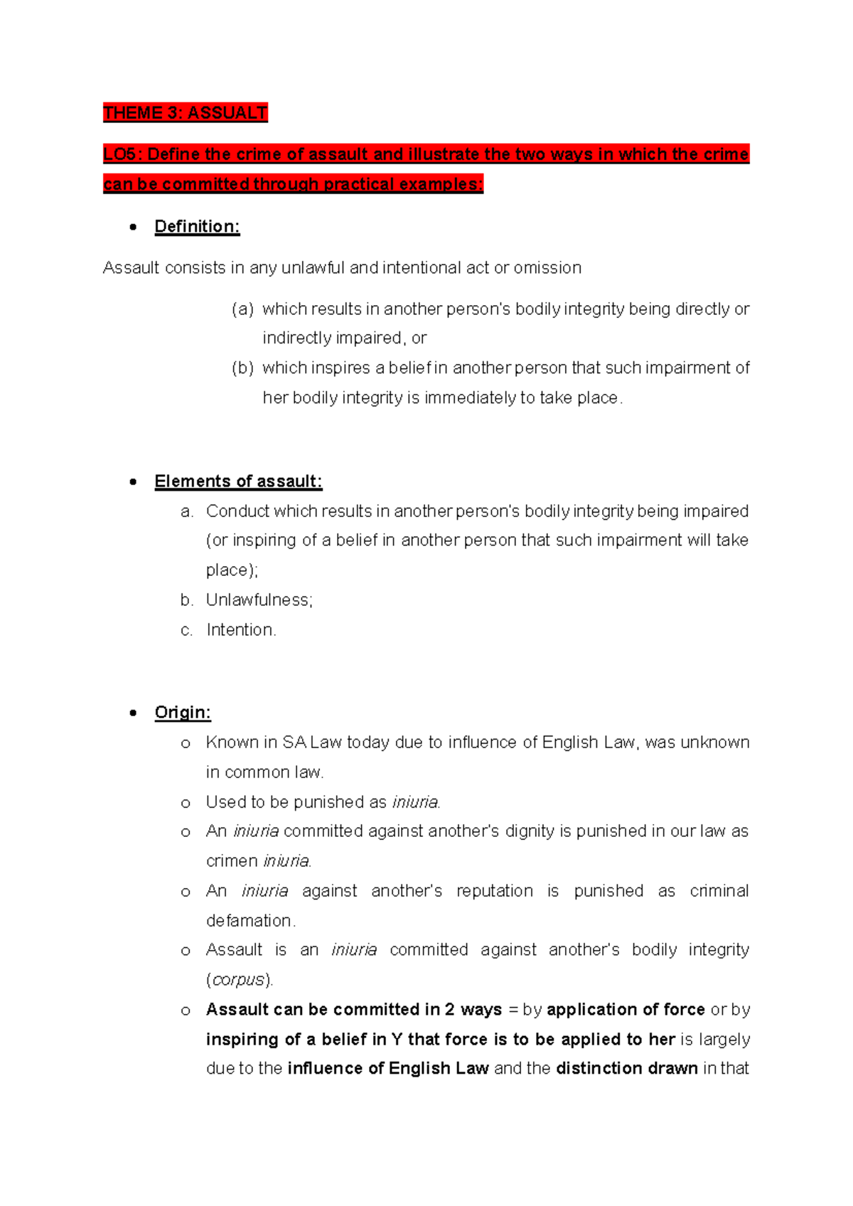 SPOF Theme 3: Understanding Assault - LO5 Overview and Examples - Studocu